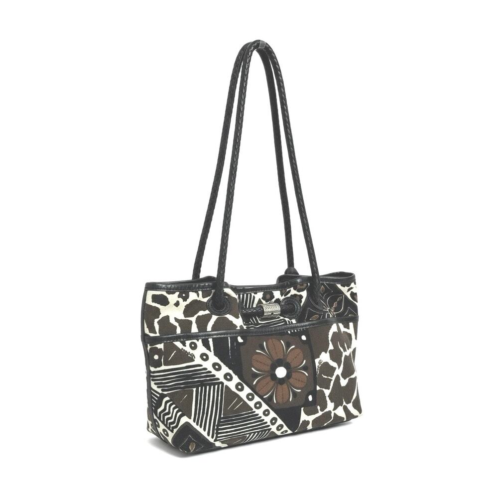 Brighton Liliana Animal Print Canvas Tote Bag Black Leather Trim Silver Hardware